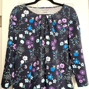 APPLESEED'S Women's Large Floral Pleated Neck 3/4 Sleeve Stretch Cotton Blend